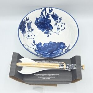 SH Home Blue Rose Ceramic Ramen Noodle Bowl 54oz With Chopsticks And Spoon 4pc